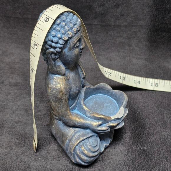Buddha Figurine Ceramic Blue Statue Tealight Candle Holder 6" Boho Shabby Indie - Picture 8 of 9
